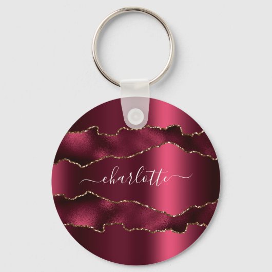 Bourgogne goud agaat marmer naam script sleutelhanger (Voorkant)