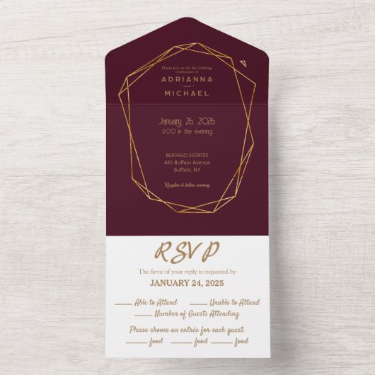 Bourgogne & Goud Alles in een bruiloft uitnodiging (Binnen)