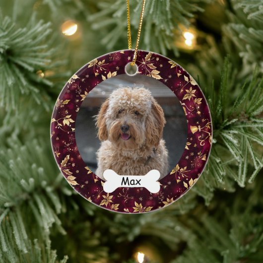 Bourgogne Goud Bladeren Custom Pet Puppy Dog Foto Keramisch Ornament (Boom)
