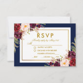 Bourgogne Goud Blauw Bloemen Bruiloft RSVP (Voorkant)