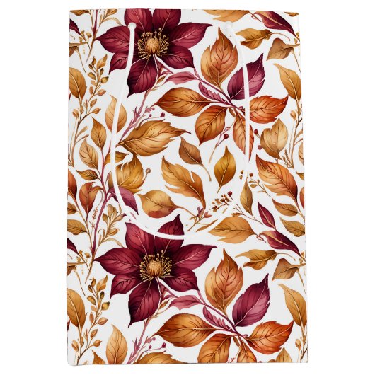 Bourgogne & Goud Bloemblad Patroon Medium Cadeauzakje (Voorkant)