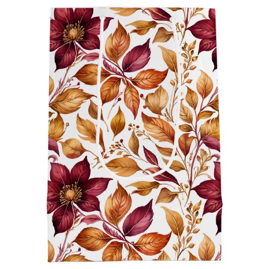 Bourgogne & Goud Bloemblad Patroon Medium Cadeauzakje (Achterkant)