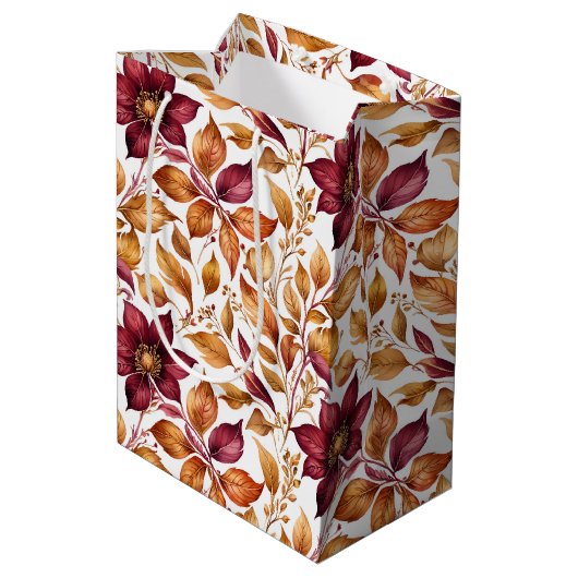 Bourgogne & Goud Bloemblad Patroon Medium Cadeauzakje (Achterkant Gekanteld)