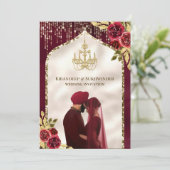 Bourgogne Goud Bloemen Anand Karaj Sikh Bruiloft Kaart (Staand voorkant)