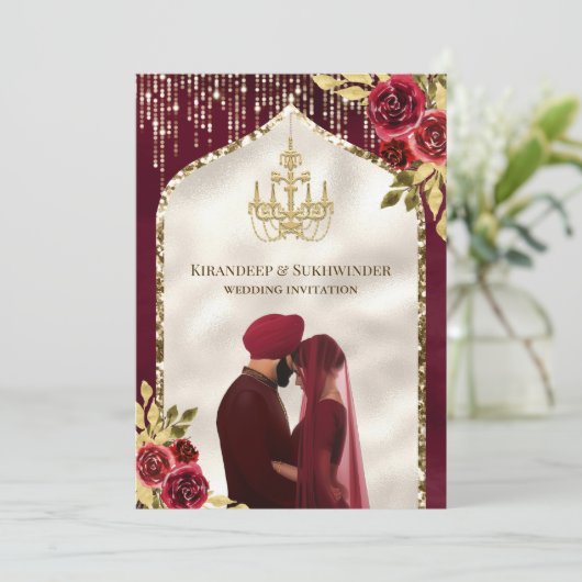 Bourgogne Goud Bloemen Anand Karaj Sikh Bruiloft Kaart (Staand voorkant)