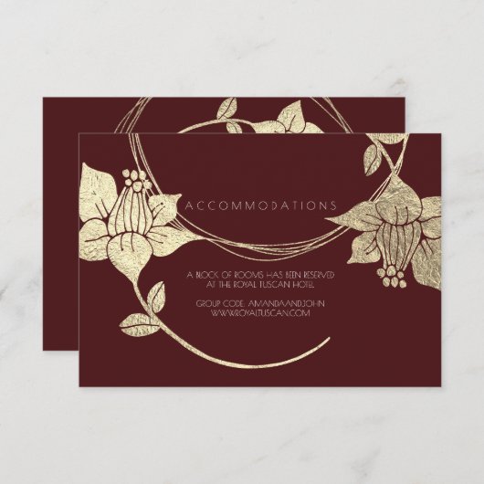 Bourgogne Goud Bloemen Bruiloft Hotel Accommodatie Informatiekaartje (Voorkant / Achterkant)
