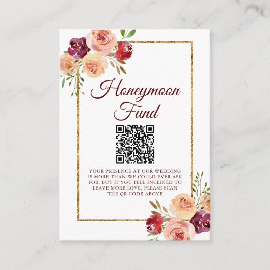 Bourgogne Goud Bloemen Bruiloft Huwelijksreis Fond Informatiekaartje (Voorkant)