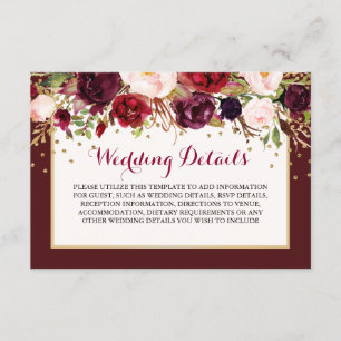 Bourgogne Goud Bloemen Bruiloft Receptie Details Informatiekaartje