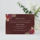 Bourgogne Goud Bloemen Bruiloft Receptie Kaart (Staand voorkant)