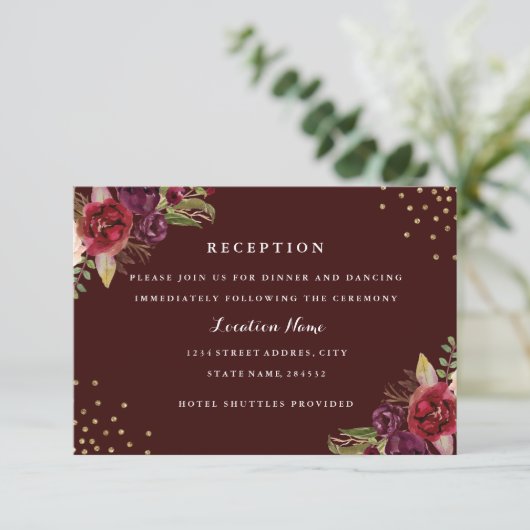 Bourgogne Goud Bloemen Bruiloft Receptie Kaart (Staand voorkant)