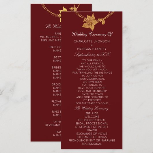 Bourgogne Goud Bloemen Evenement Trouwprogramma Ma Programmakaart (Voorkant / Achterkant)