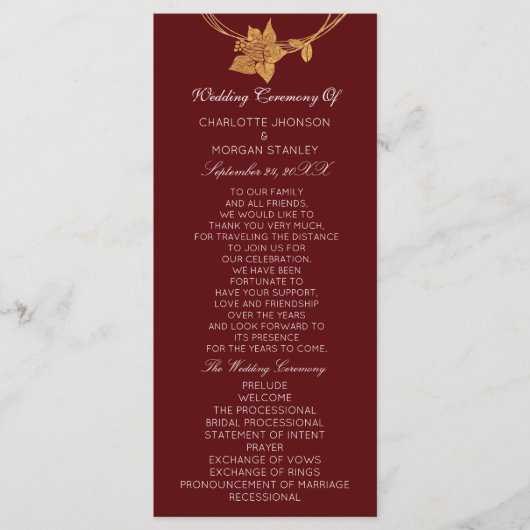 Bourgogne Goud Bloemen Evenement Trouwprogramma Ma Programmakaart (Voorkant)