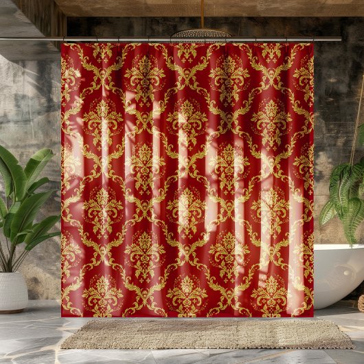 Bourgogne & Goud Bloemen Geometrische Damaskers Douchegordijn