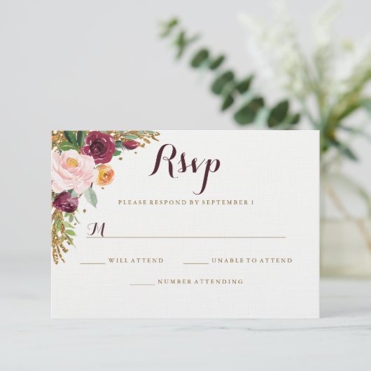 Bourgogne Goud Bloemen Glitter Bruiloft RSVP (Staand voorkant)