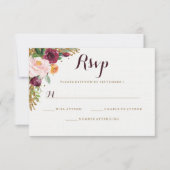Bourgogne Goud Bloemen Glitter Bruiloft RSVP Kaartje (Voorkant)
