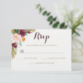Bourgogne Goud Bloemen Glitter Bruiloft RSVP Kaartje (Staand voorkant)