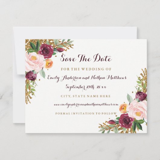 Bourgogne Goud Bloemen Glitter Bruiloft Save The D Date (Voorkant)