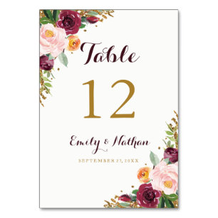 Bourgogne Goud Bloemen Glitter Tafel Aantal Kaarte Kaart