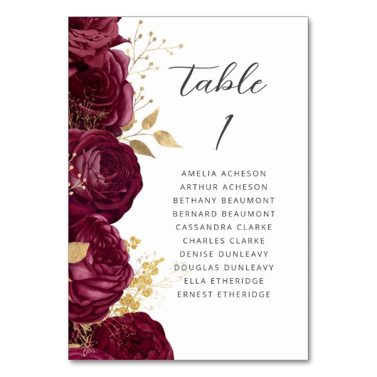 Bourgogne Goud Bloemen Modern Script Bruiloft Kaart (Voorkant)
