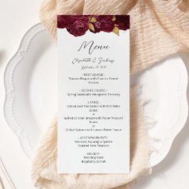 Bourgogne Goud Bloemen Modern Script Bruiloft Menu