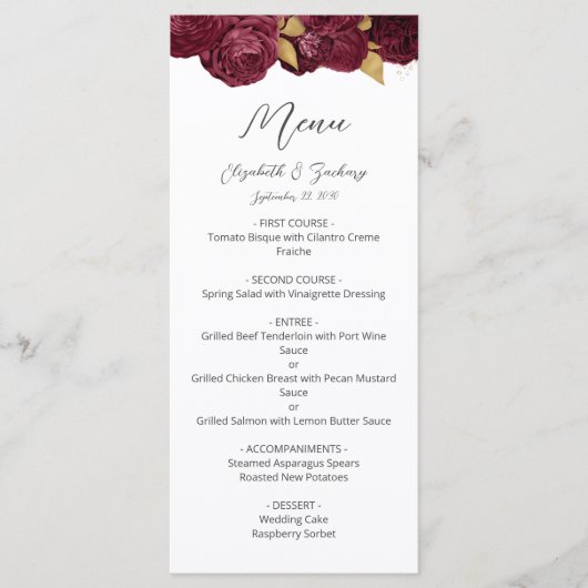 Bourgogne Goud Bloemen Modern Script Bruiloft Menu (Voorkant)