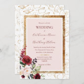 Bourgogne Goud Bloemen Moderne Bruiloft Kaart (Voorkant / Achterkant)