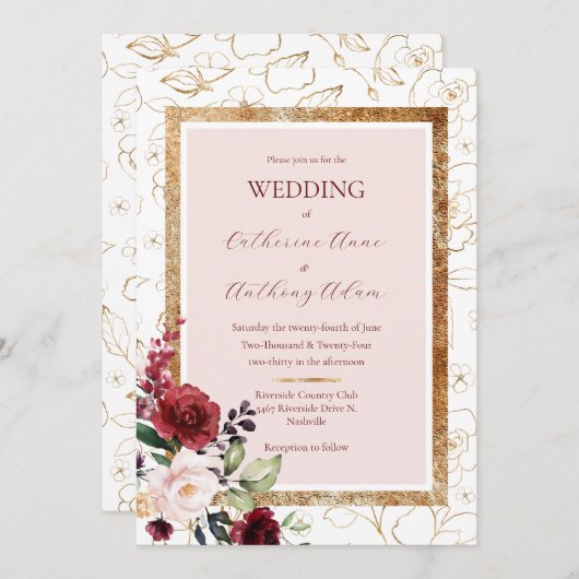 Bourgogne Goud Bloemen Moderne Bruiloft Kaart (Voorkant / Achterkant)