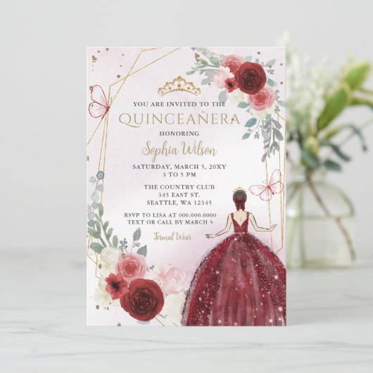 Bourgogne Goud Bloemen Prinses Quinceañera Kaart (Staand voorkant)