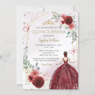 Bourgogne Goud Bloemen Prinses Quinceañera Kaart