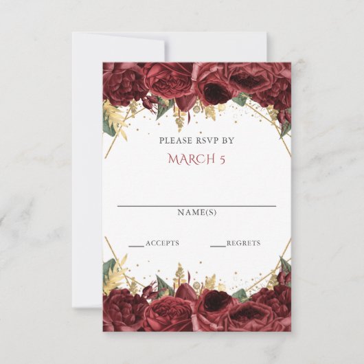 Bourgogne Goud Bloemen Quinceanera RSVP Kaartje (Voorkant)