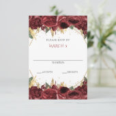 Bourgogne Goud Bloemen Quinceanera RSVP Kaartje (Staand voorkant)