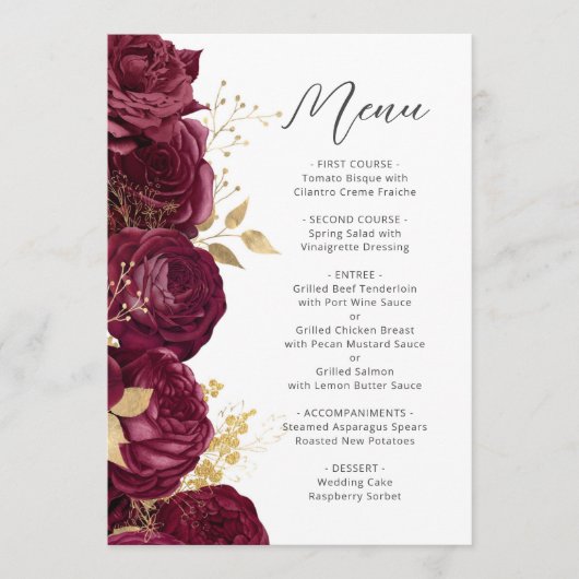 Bourgogne Goud Bloemen Script Bruiloft Menu (Voorkant)