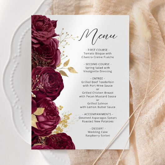 Bourgogne Goud Bloemen Script Bruiloft Menu