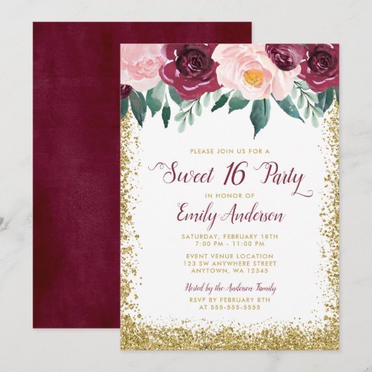 Bourgogne Goud Bloemen Sweet 16 Party Kaart (Voorkant / Achterkant)