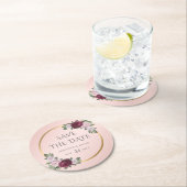 Bourgogne Goud Blush Bruiloft Save The Date Ronde Kartonnen Onderzetter (Insitu)