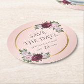 Bourgogne Goud Blush Bruiloft Save The Date Ronde Kartonnen Onderzetter (Gebogen)