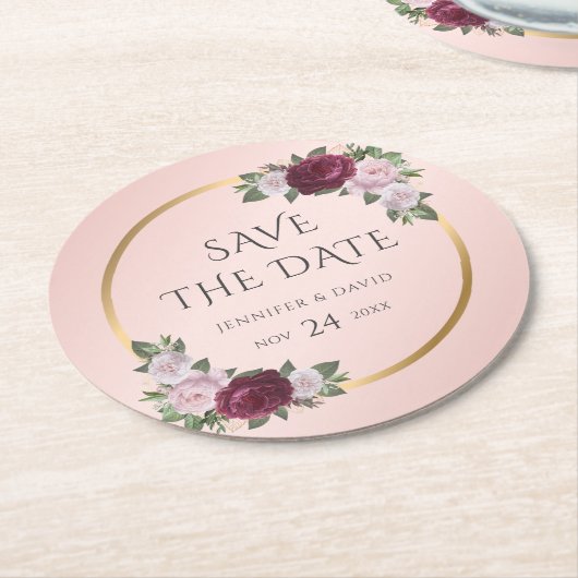 Bourgogne Goud Blush Bruiloft Save The Date Ronde Kartonnen Onderzetter (Gebogen)