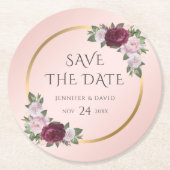 Bourgogne Goud Blush Bruiloft Save The Date Ronde Kartonnen Onderzetter (Voorkant)