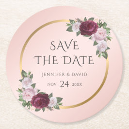 Bourgogne Goud Blush Bruiloft Save The Date Ronde Kartonnen Onderzetter