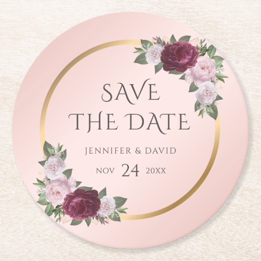 Bourgogne Goud Blush Bruiloft Save The Date Ronde Kartonnen Onderzetter (Voorkant)