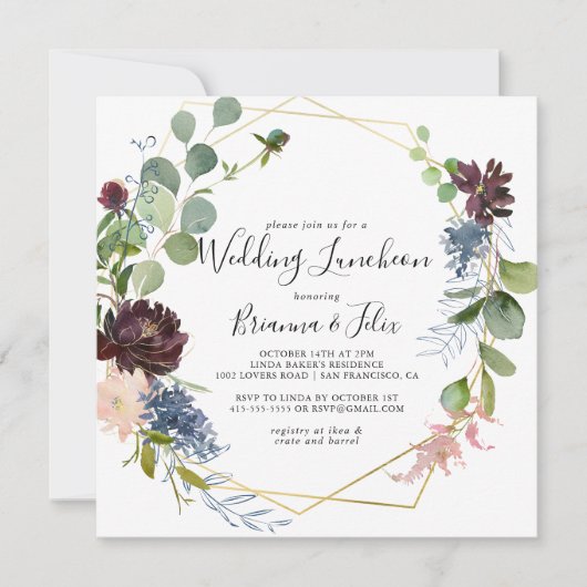 Bourgogne Goud Bruiloft Luncheon Vrijgezellenfeest Kaart (Voorkant)