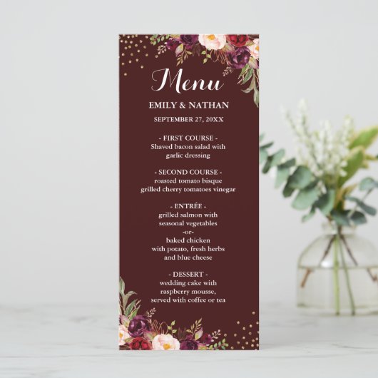 Bourgogne Goud Confetti Bloemen Bruiloft Menu (Staand voorkant)
