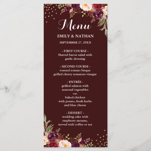 Bourgogne Goud Confetti Bloemen Bruiloft Menu (Voorkant)