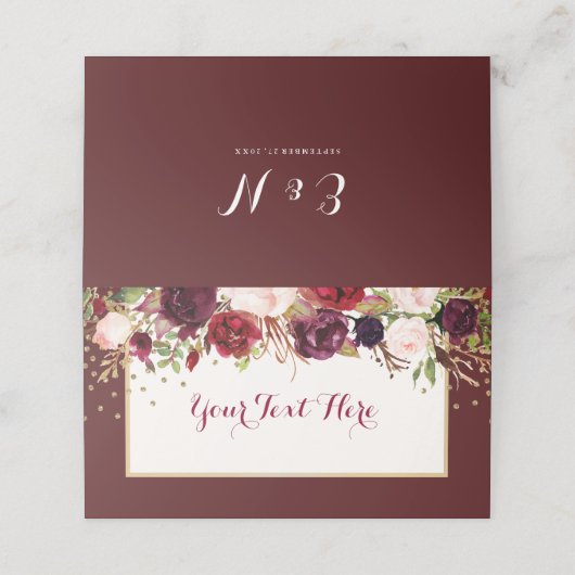 Bourgogne Goud Confetti Bloemen Bruiloft Plaatskaartje (Buitenkant ongevouwen)