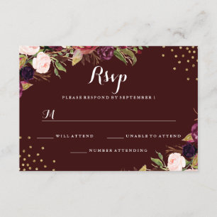 Bourgogne Goud Confetti Bloemen Bruiloft RSVP