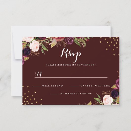 Bourgogne Goud Confetti Bloemen Bruiloft RSVP (Voorkant)