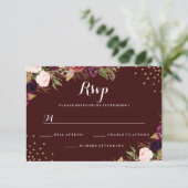 Bourgogne Goud Confetti Bloemen Bruiloft RSVP (Staand voorkant)