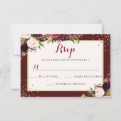 Bourgogne Goud Confetti Bloemen Bruiloft RSVP Kaartje (Voorkant)