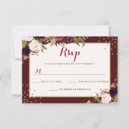 Bourgogne Goud Confetti Bloemen Bruiloft RSVP Kaartje