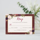 Bourgogne Goud Confetti Bloemen Bruiloft RSVP Kaartje (Staand voorkant)
